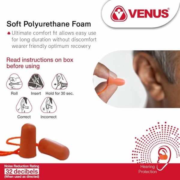 Venus 101 Foam Corded Ear Plugs – Soft, Reusable & Noise-Reducing ( Pack of 250 Pair  ) - Image 7