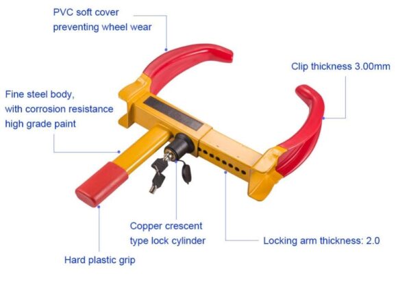 Heavy Duty Anti Theft Wheel Lock Clamp Anti-Theft Towing Parking Boot Tire Claw Adjustable for Auto Car Truck with Two Keys (Red and Yellow) - Image 5