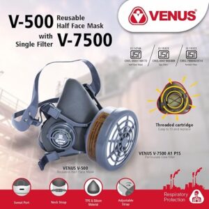 Venus VV-500 Half Face Respirator with V-7500 A1 Gas Filter Cartridges
