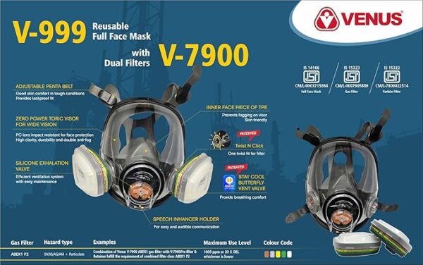 Venus V-999 Silicone Full Face Respirator Mask + V-7900 ABEK1 P2R Multigas Reusable Filter Catriges - Image 2