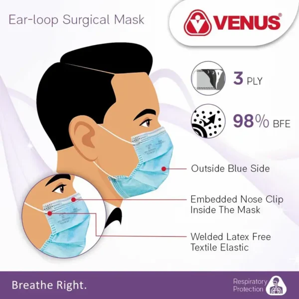 V-1010 3 Ply Disposable Face Mask with Ear Loop – Bacteria Filtration ≥ 95% - Image 2